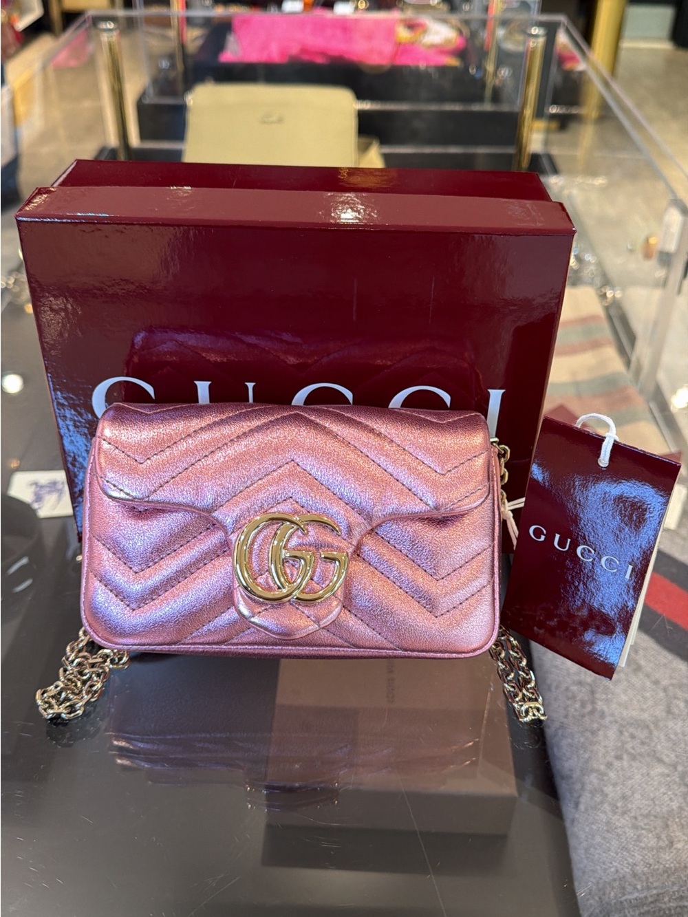 Gucci Metallic Pink GG Marmont Chevron Crossbody Bag